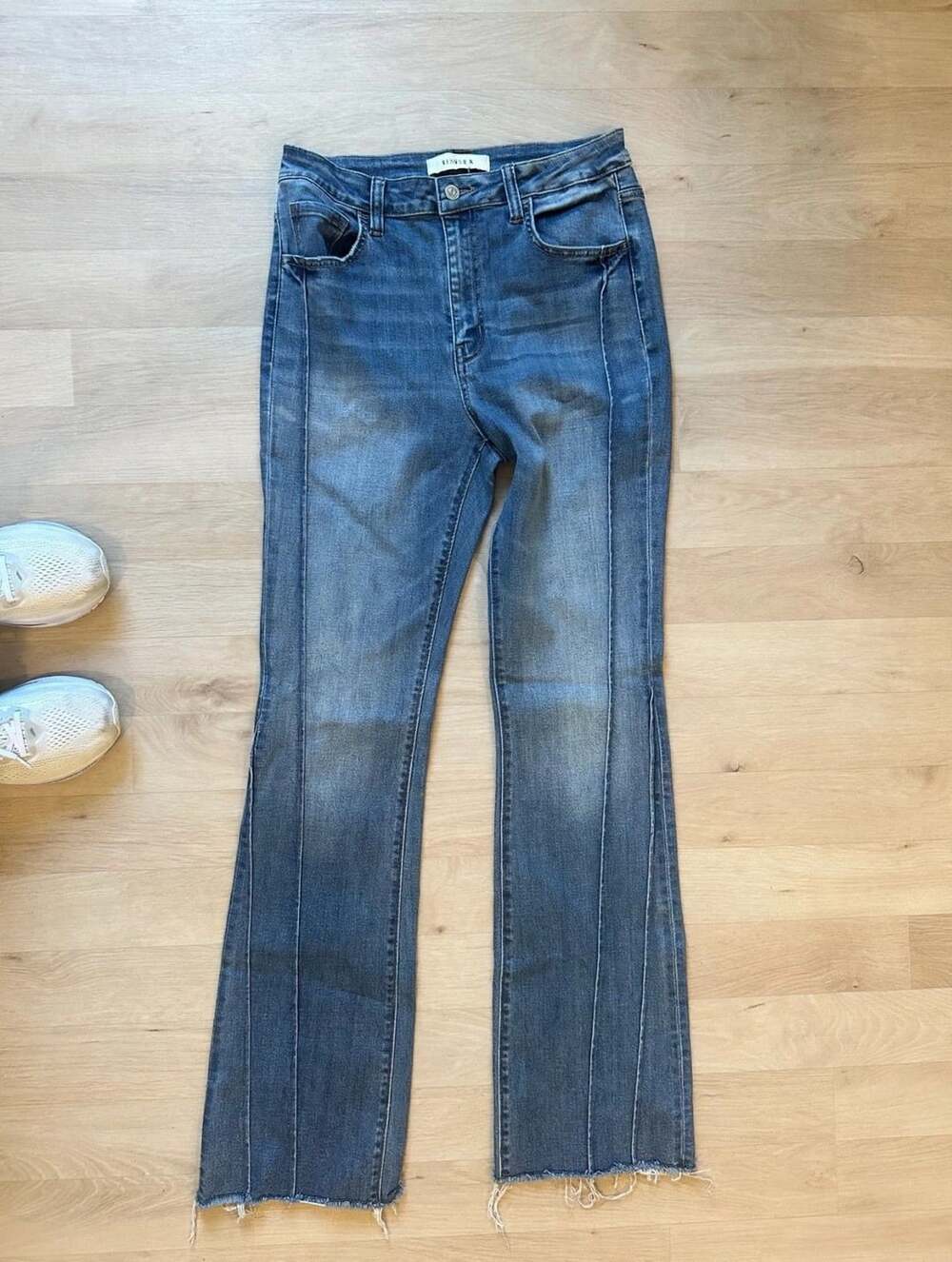 Women's Blue Flare Jeans Frayed Pocket Edges Raw Hem 9/28 27" Inseam